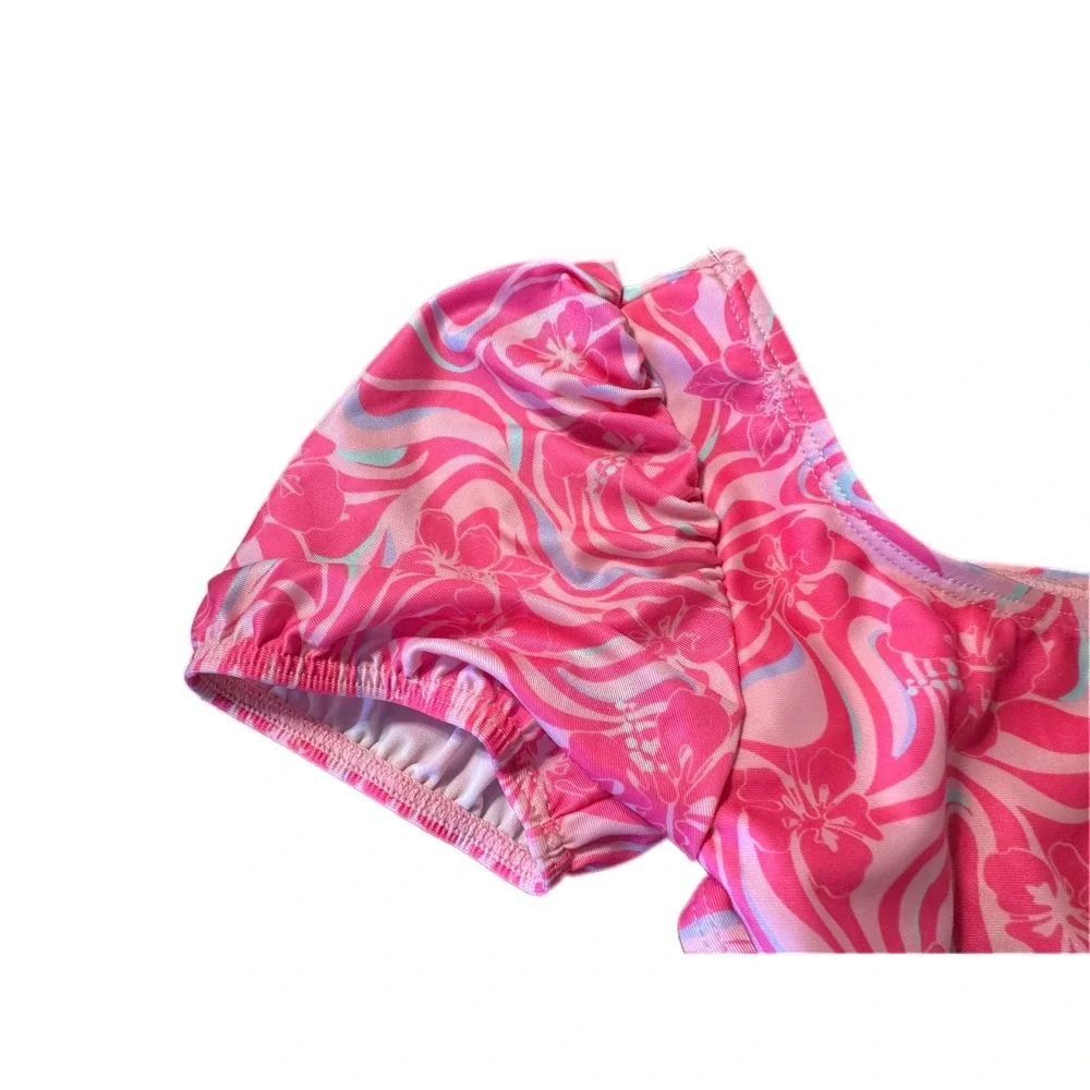 Wonder Nation Bikini Top Kids Size M 7-8 Pink Floral Puff‎ Sleeve Excellent
